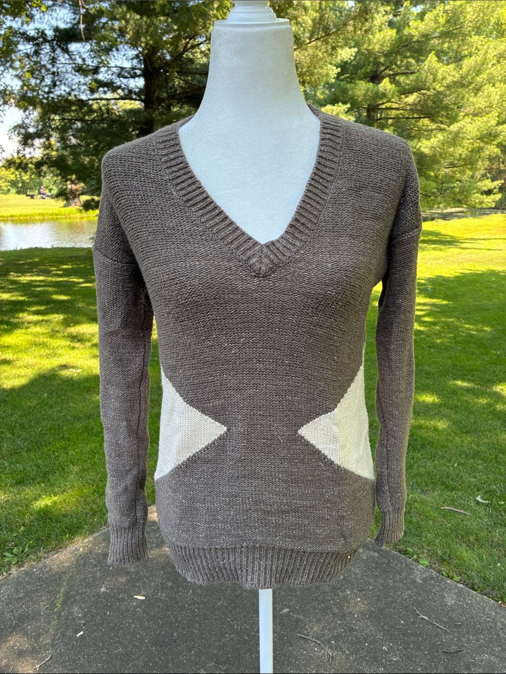 Grays/Silver V-Neck Sweater with Cream Side Accents